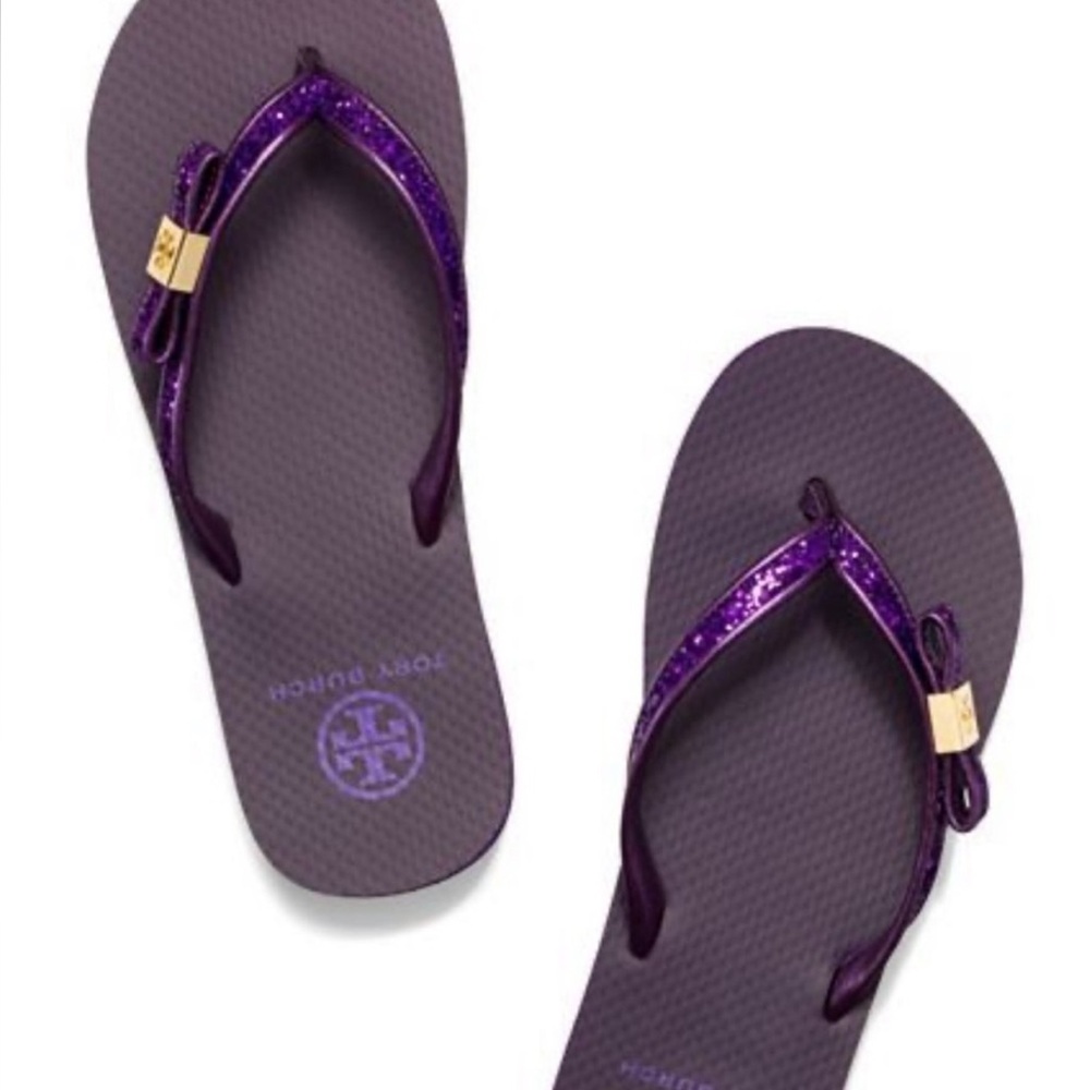 Tory Burch Purple Glitter Metallic Side Bow Flip Flops Sandals